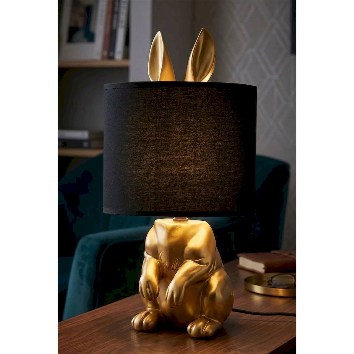 Lampe à poser lapin abat-jour tissu GLAM doré et noir, RECOLLECTION