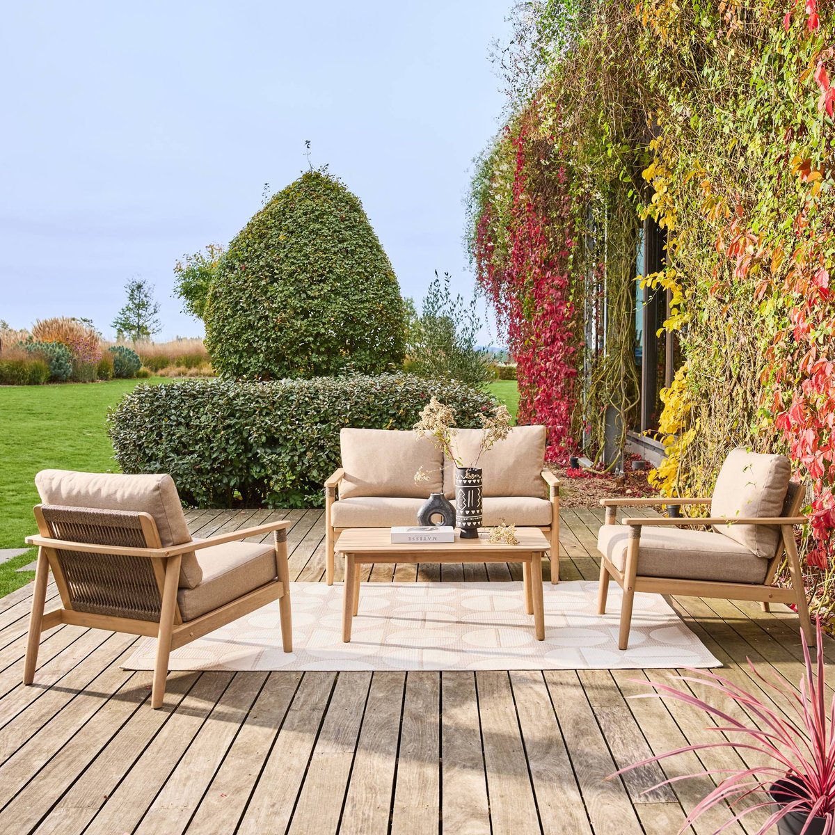 Salon de jardin bois d'acacia et cordes 4 places LAZULI naturel, SWEEEK