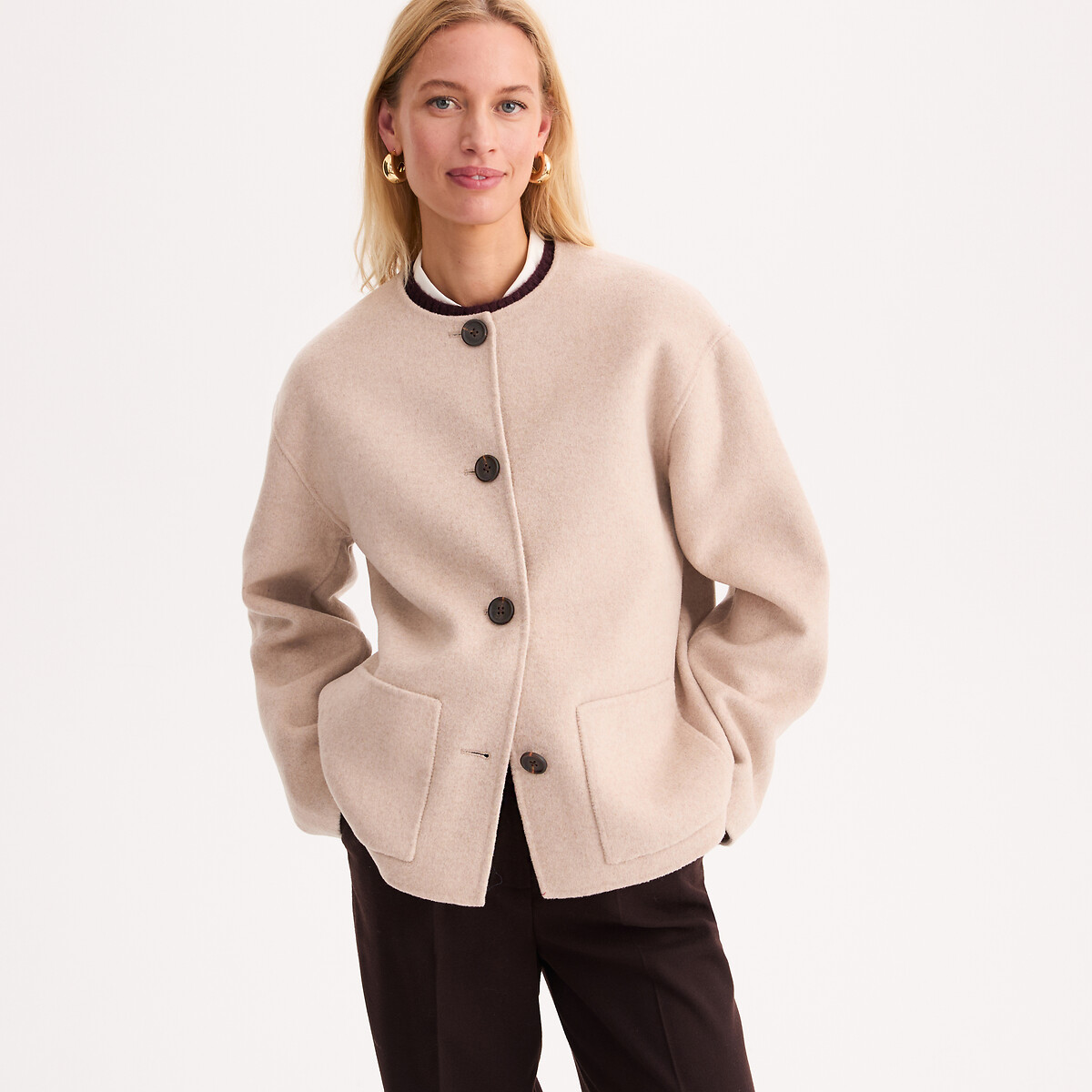 Veste en drap de laine majoritaire coupe oversize beige clair chiné, ANNE WEYBURN