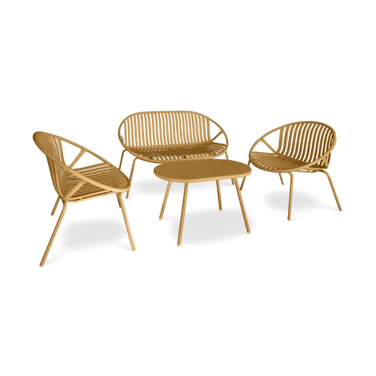 Salon de jardin table et 2 fauteuils 1 canapé en polypropylène et métal, CALYPSO ocre, NOW'S HOME