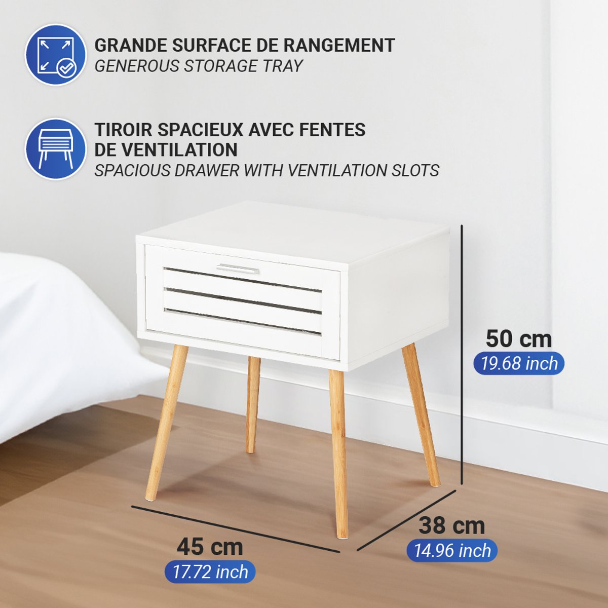 Table d'appoint avec tiroir FINJA blanc et bois, WENKO