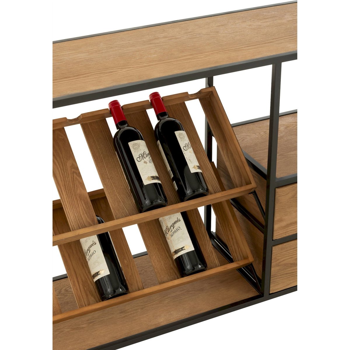 Meuble bar rectangulaire en bois avec rangement bouteilles bois naturel et métal noir, RECOLLECTION