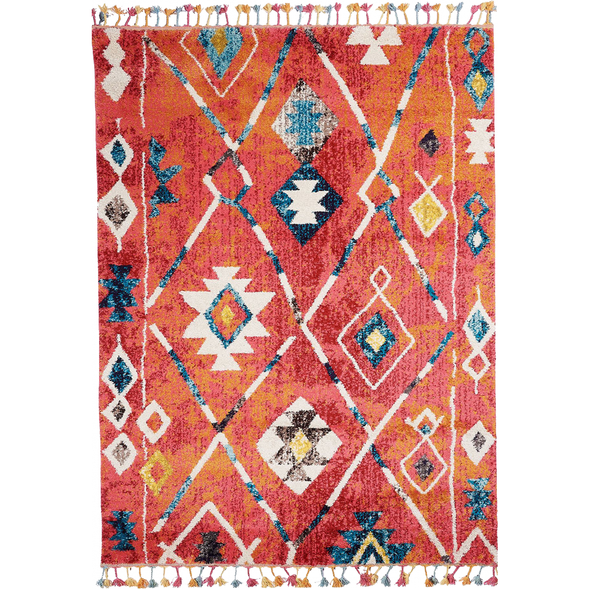 Tapis berbère tissé motifs tribaux LYN5 OURIKA B bleu, jaune, rose, orange, blanc, UN AMOUR DE TAPIS