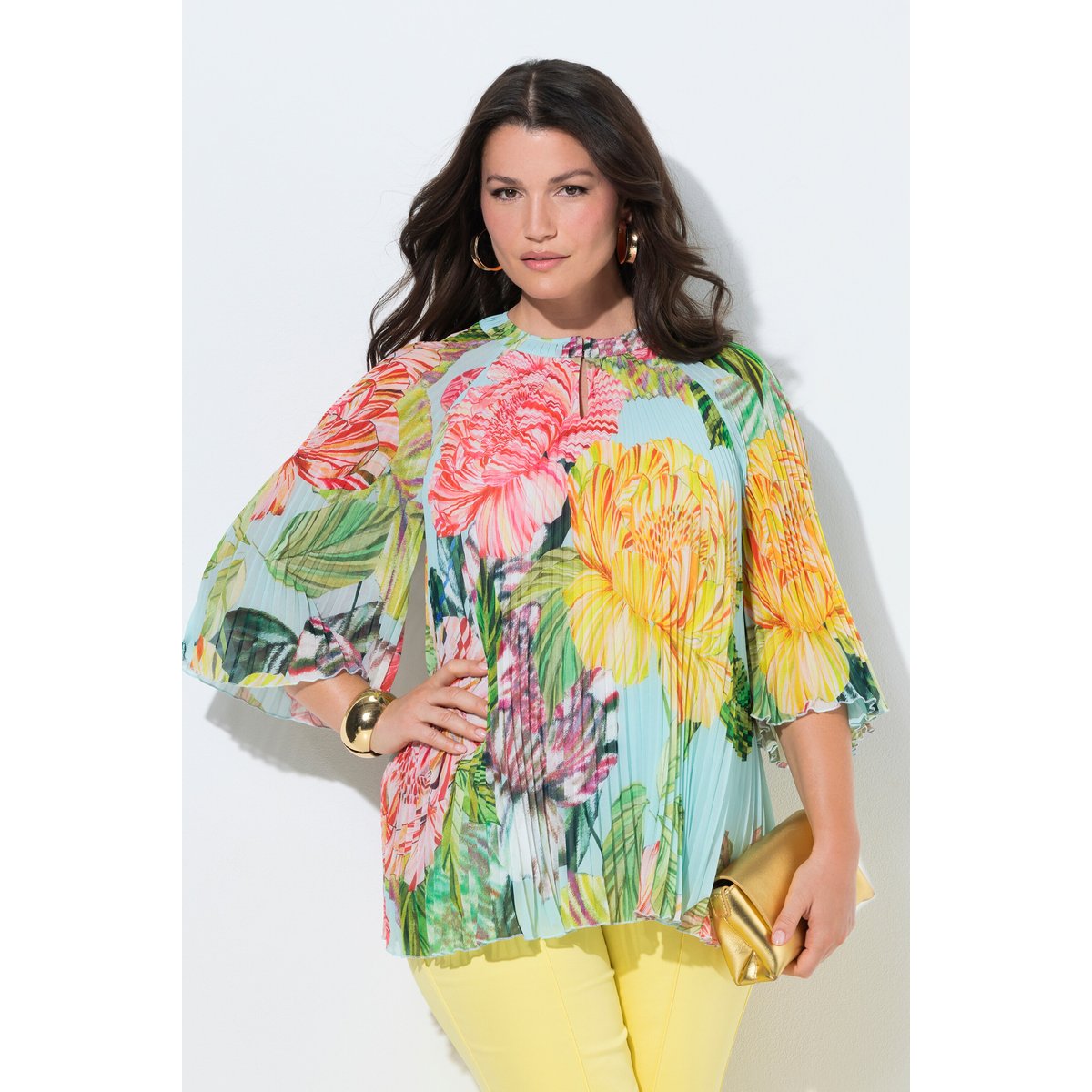 Blouse plissée motif floral turquoise clair, ULLA POPKEN