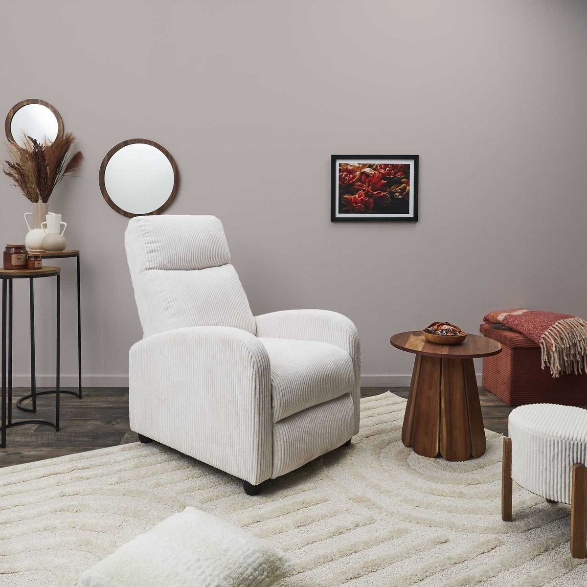 Fauteuil relax 3 positions en velours côtelé SCOTT beige, THE HOME DECO FACTORY