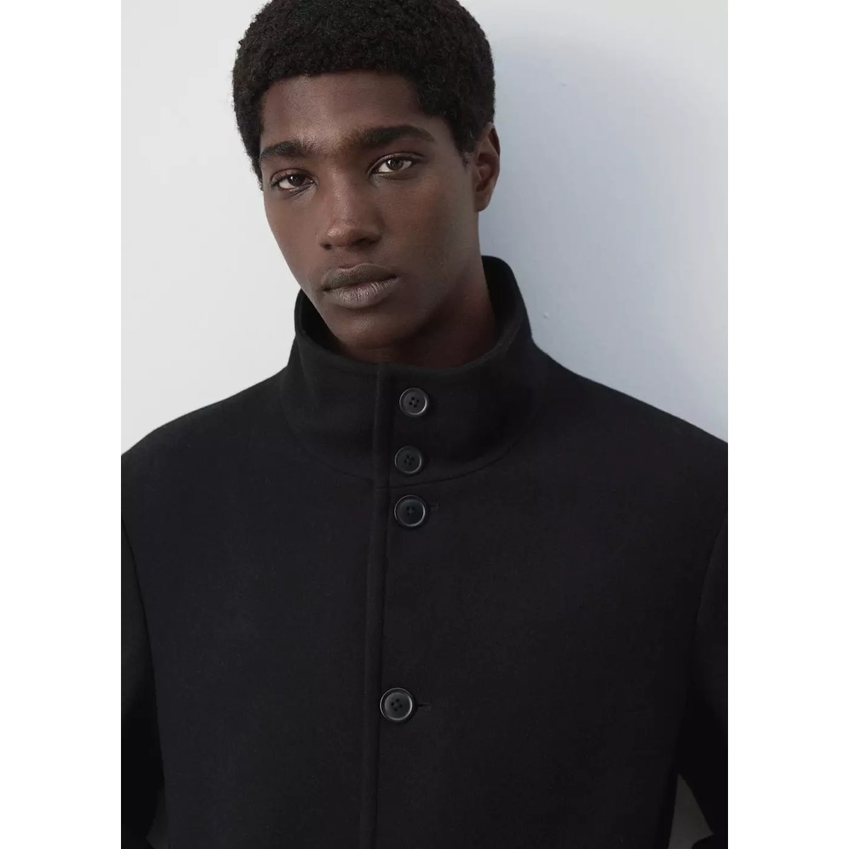 Manteau en laine à col cheminée noir, MANGO MAN