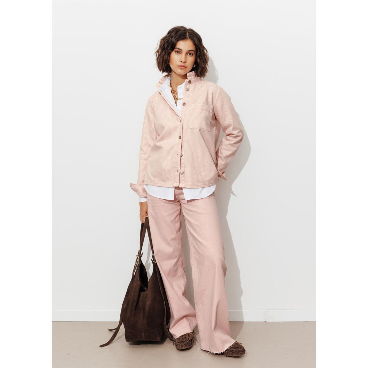 Surchemise à col frou-frou rayé rose, PROMOD