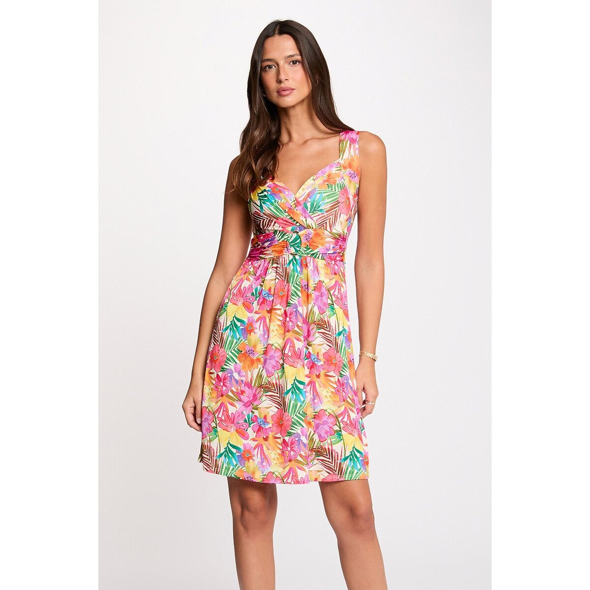 Vestido corto estampado con cuello de pico estampado multicolor, MORGAN