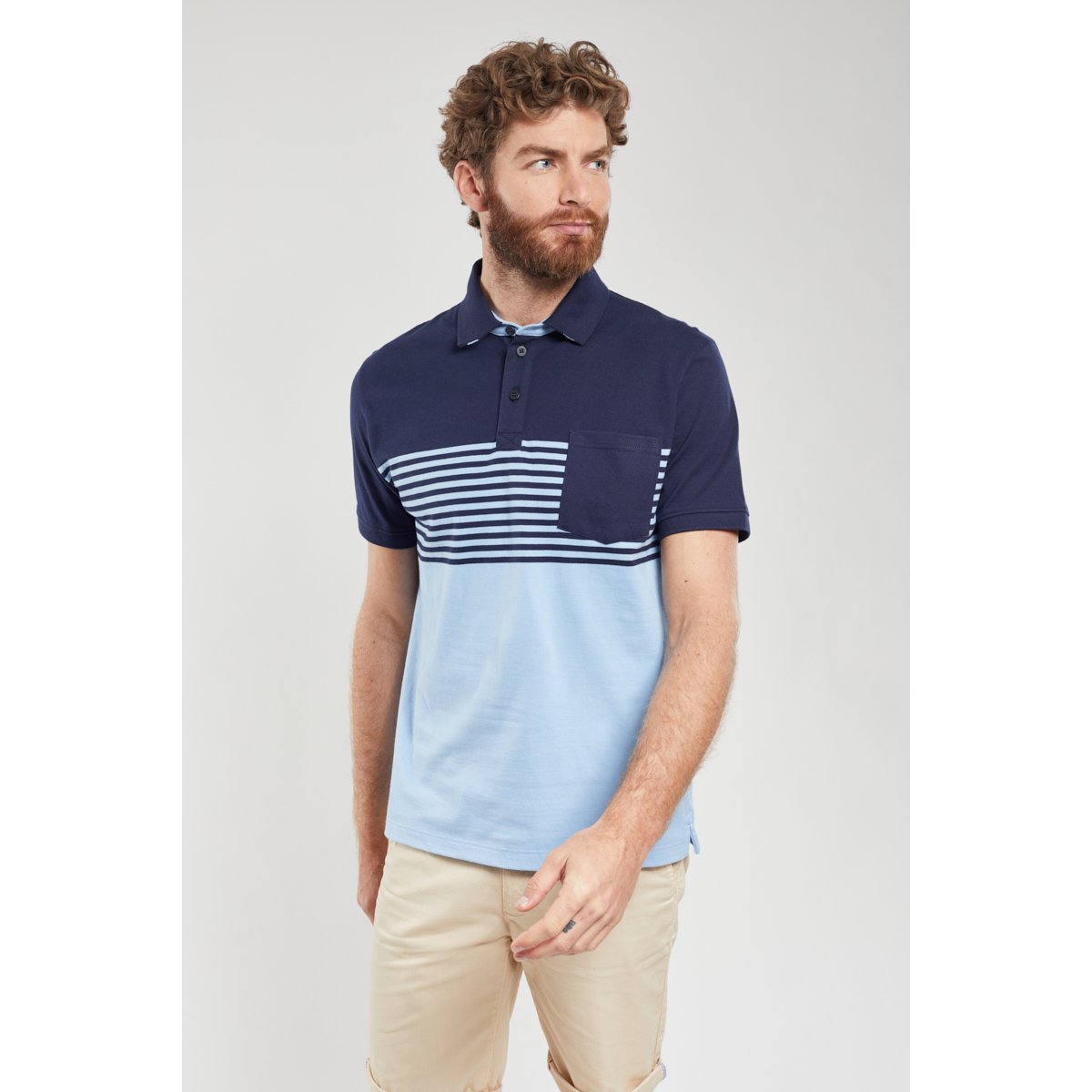 Polo bicolore rayé en coton léger river/marine deep, GUY DE BERAC