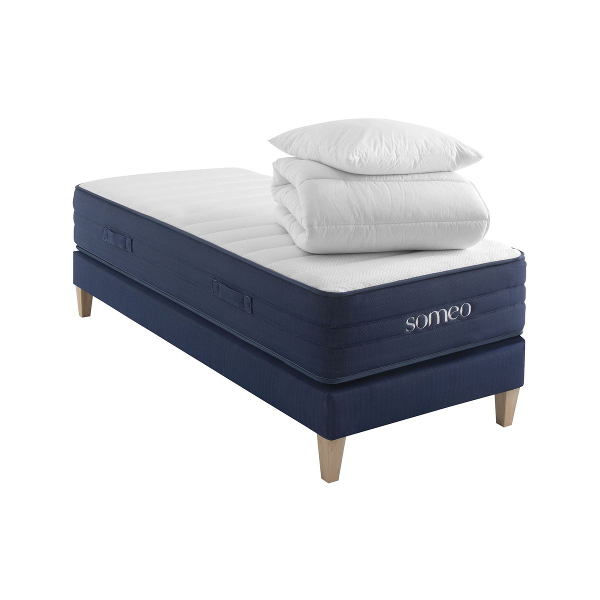 Ensemble matelas ressorts, latex et mémoire de forme, sommier, pieds, couette et oreiller Rêve 700 blanc, SOMEO