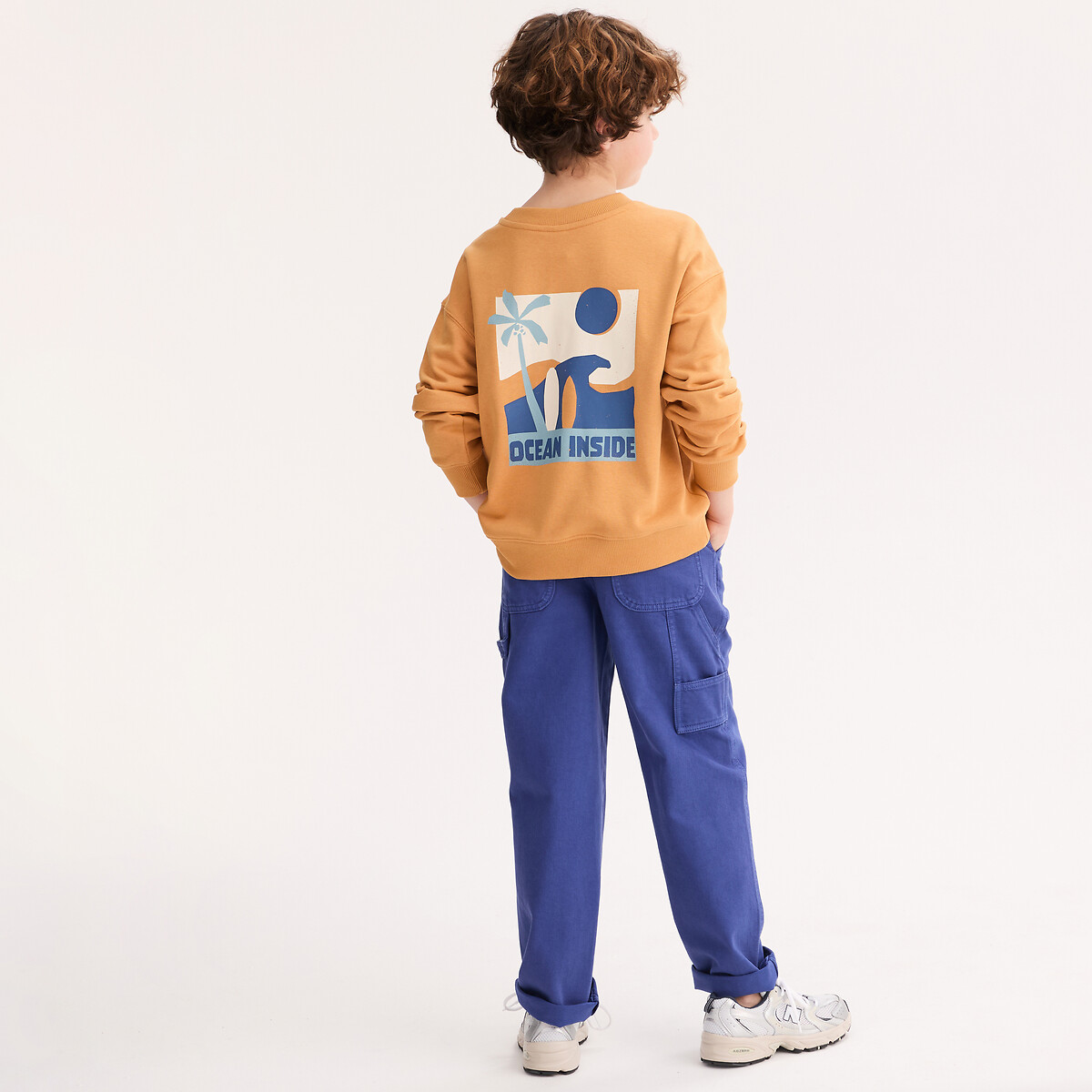 Sweat col rond, en molleton, message devant et motif au dos orange, LA REDOUTE COLLECTIONS