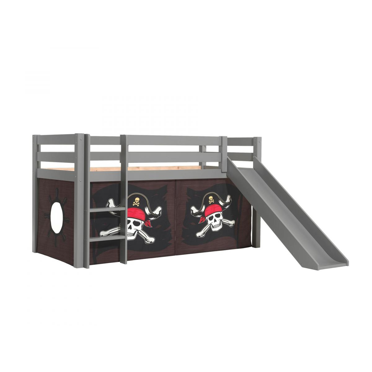 PINO Lit mezzanine avec toboggan pin massif Gris + Rideau pour lit en 4 parties Pirates couleur unique, VIPACK
