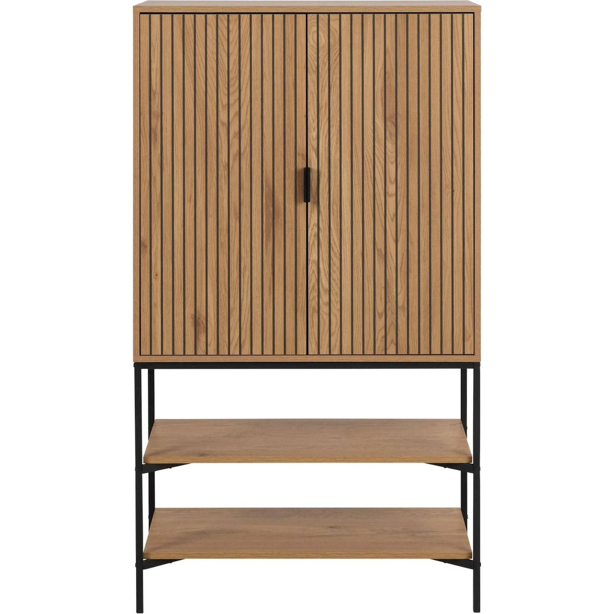 Commode haute façade rainurée effet chêne chêne sauvage et noir mat, RECOLLECTION