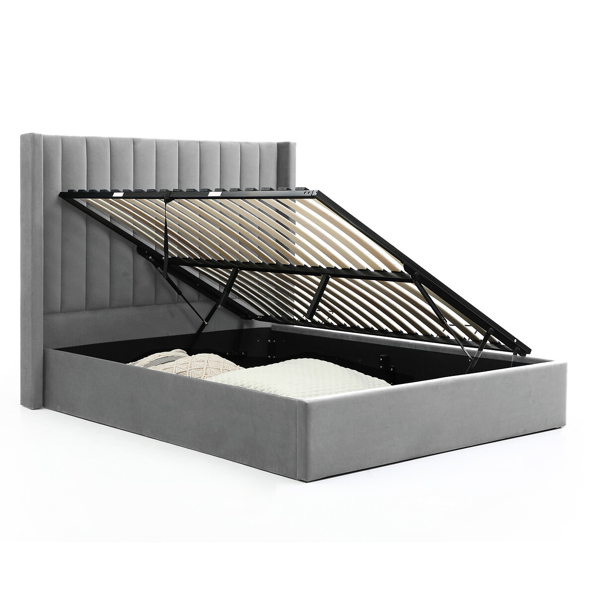 Taylor Fluted Velvet Headboard Multi-Lift Ottoman Storage Bed grey, SO'HOME