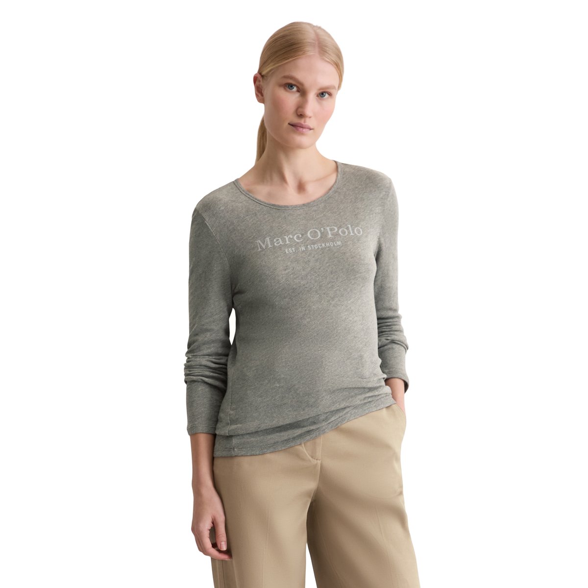 T-shirt long à logo regular en jersey slub gris, MARC O'POLO