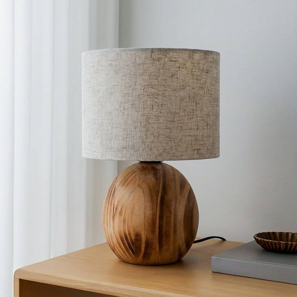Lampe à poser en bois scandinave, Mayumi bois clair, gris clair, LINDBY