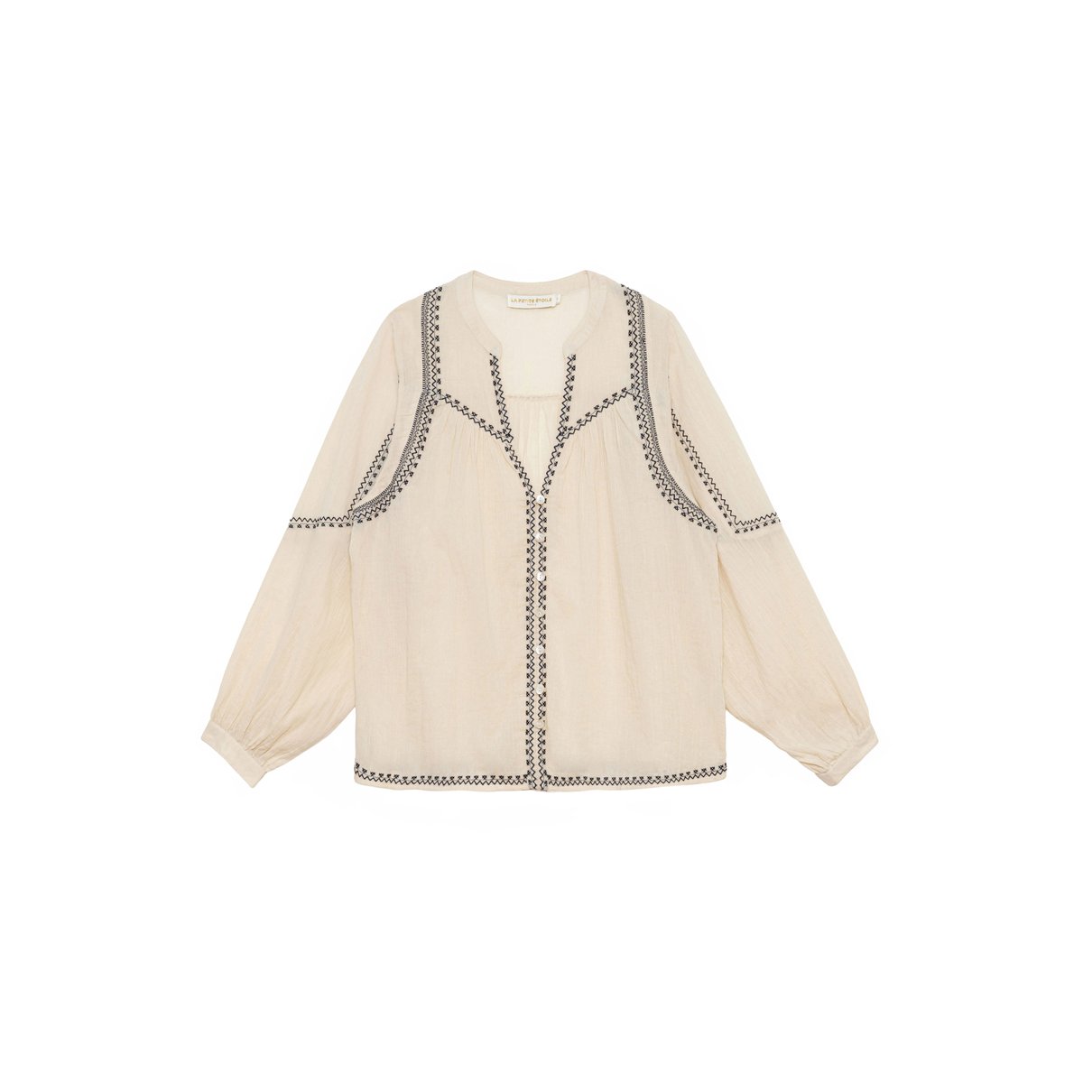 Blouse manches longues col v imprimé ethnique BLANKA 11-ecru/noir, LA PETITE ETOILE