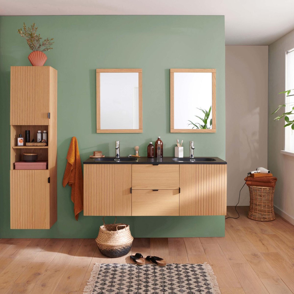 Meuble double vasque 140cm chêne, robinets, miroirs, colonne STUDIO v002233, MOB IN