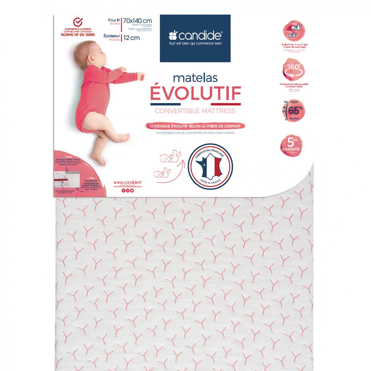 Matelas mousse déhoussable 12 cm Evolutif CANDIDE blanc, CANDIDE