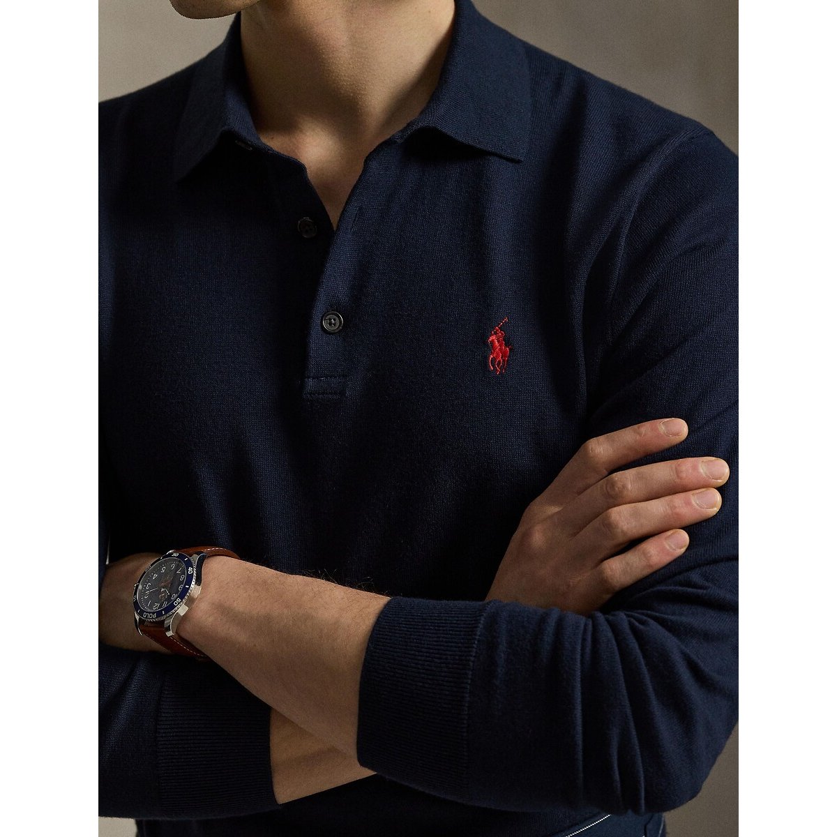 Pull col polo en coton bleu marine, POLO RALPH LAUREN