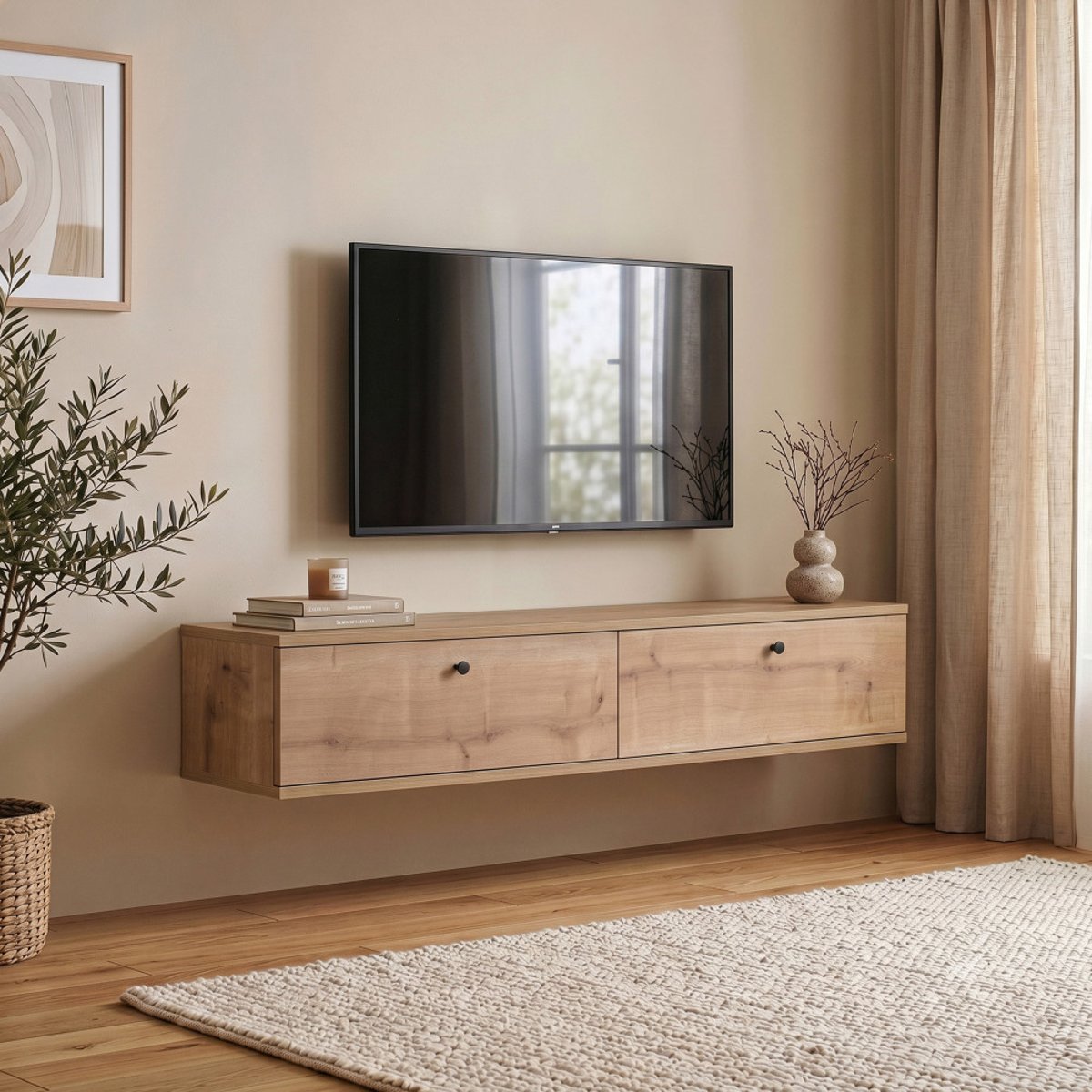 Meuble tv suspendu 2 portes en bois L140cm- YARA bois clair, DRAWER