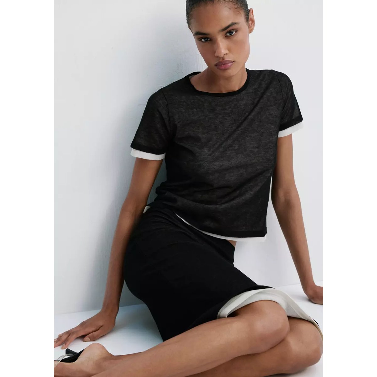 Pull manches courtes combiné noir, MANGO