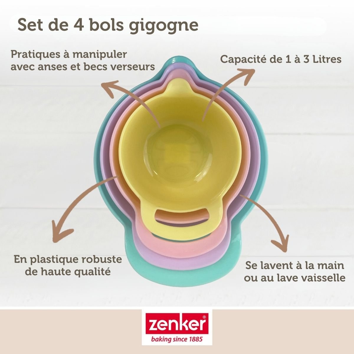 Set de 4 bols à mélanger gigogne vert,violet,rose,jaune, ZENKER