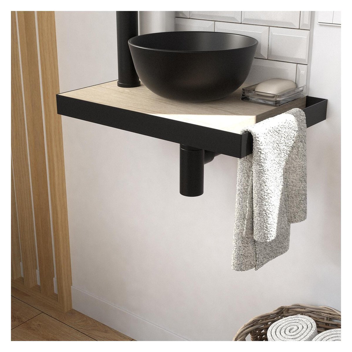 Lave-mains fin +vasque+robinet+miroir SOHO décor chêne, MOB IN