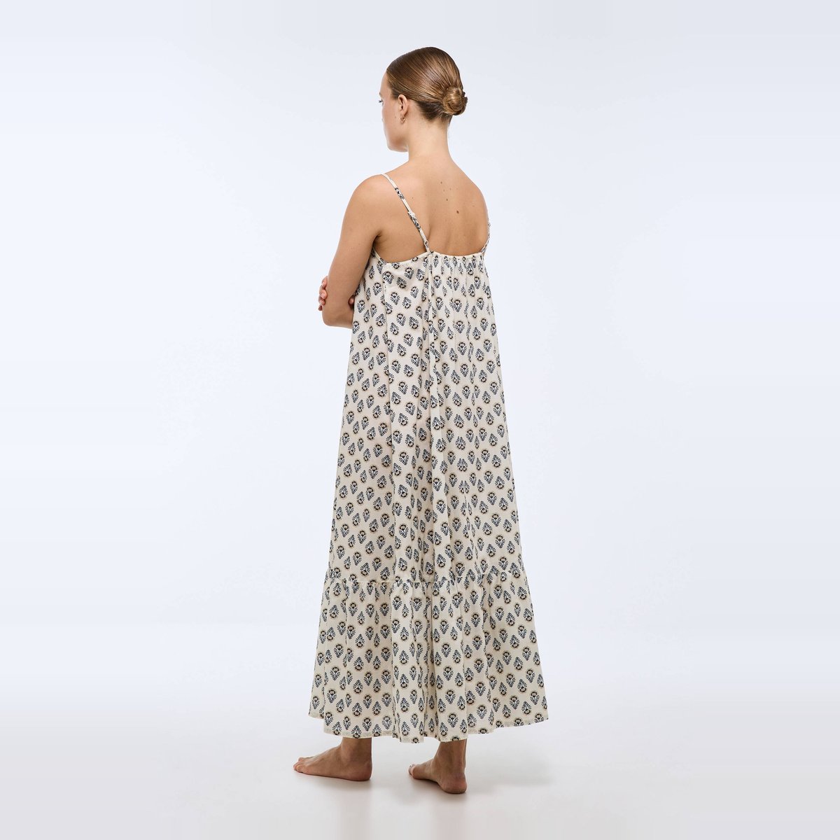 Chemise de nuit longue fines imprimée rayée en coton BIO butter cream, MONOPRIX