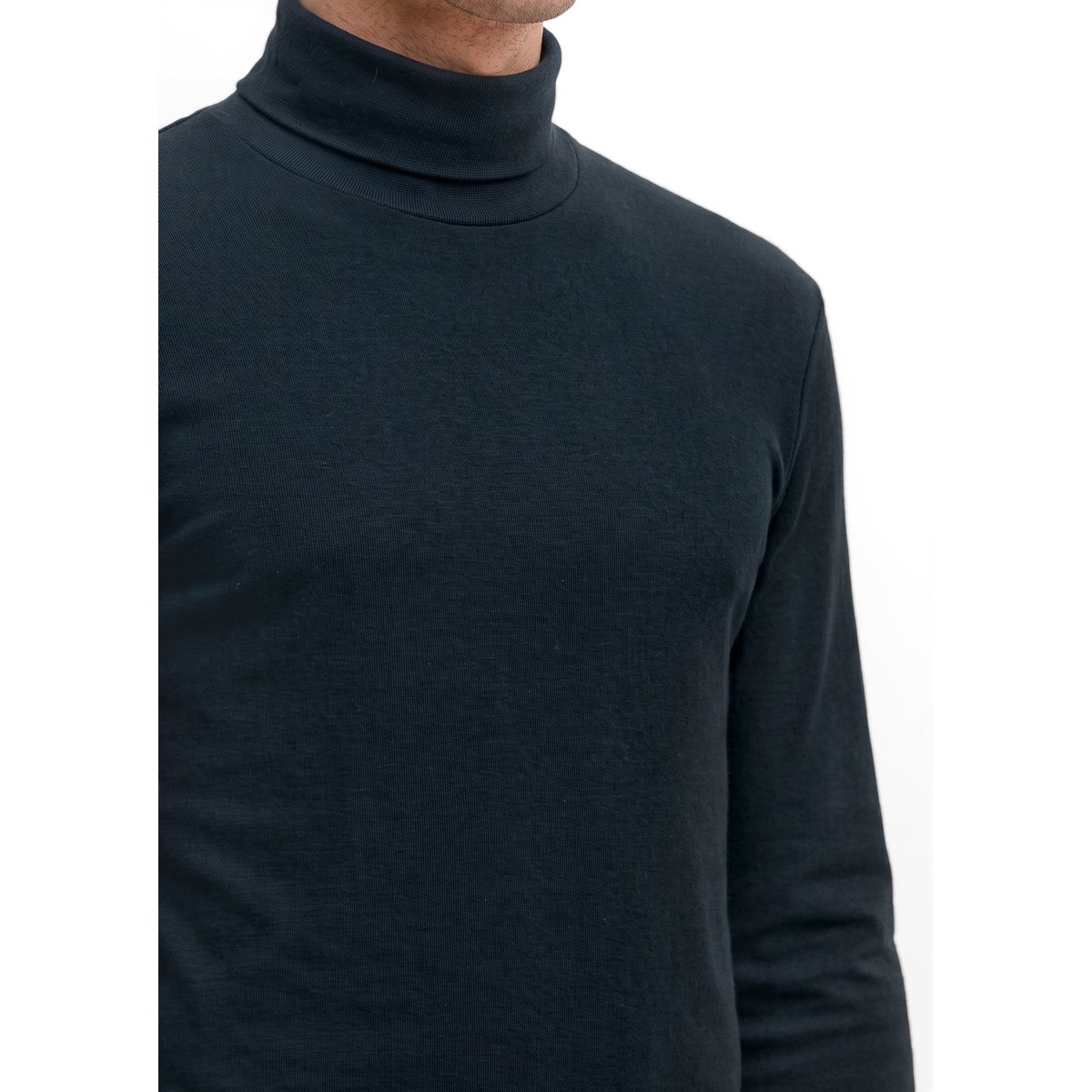 T-shirt à col roulé à manches longues en pur coton biologique bleu, MARC O'POLO