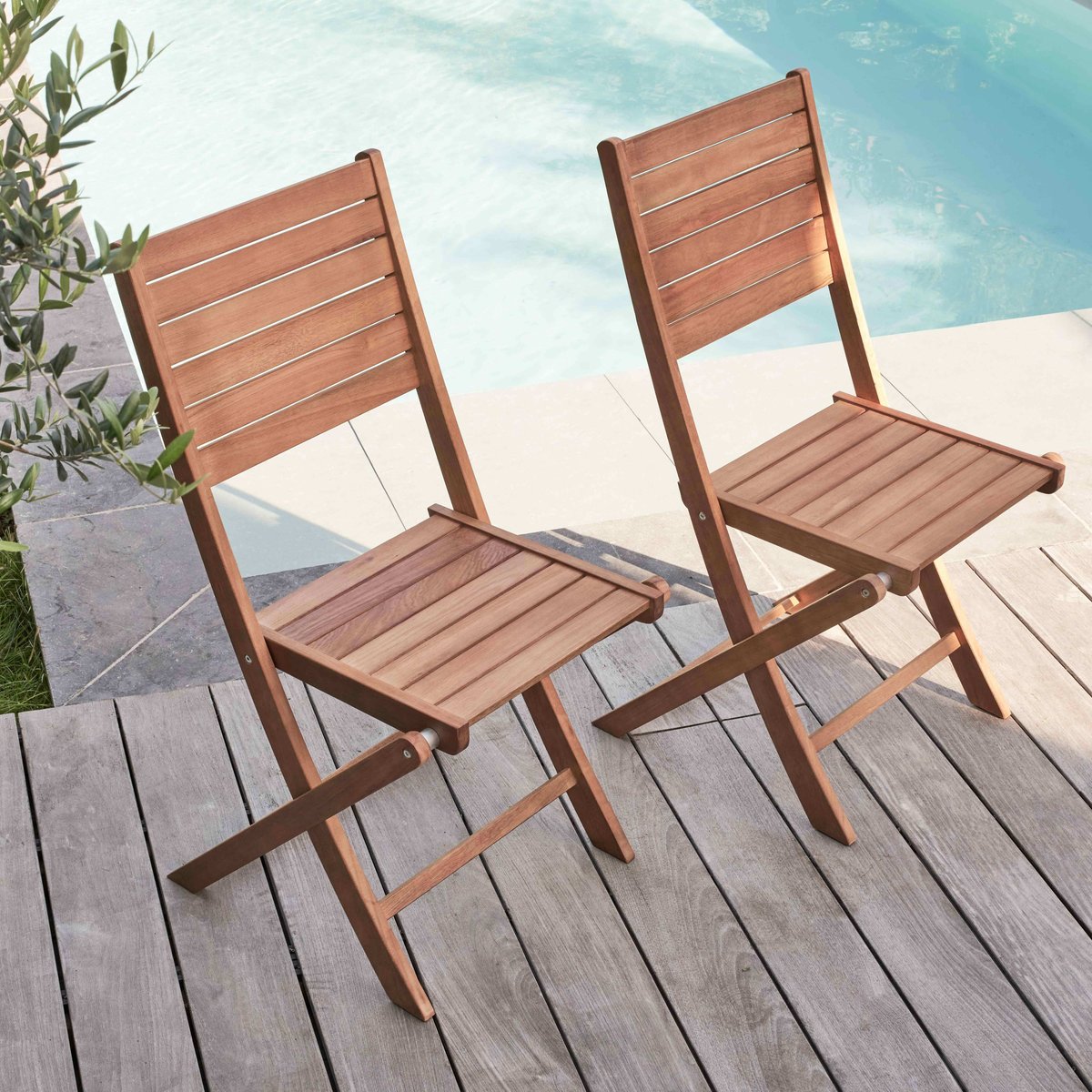 Lot de 2 chaises pliantes eucalyptus, CANET marron, OVIALA
