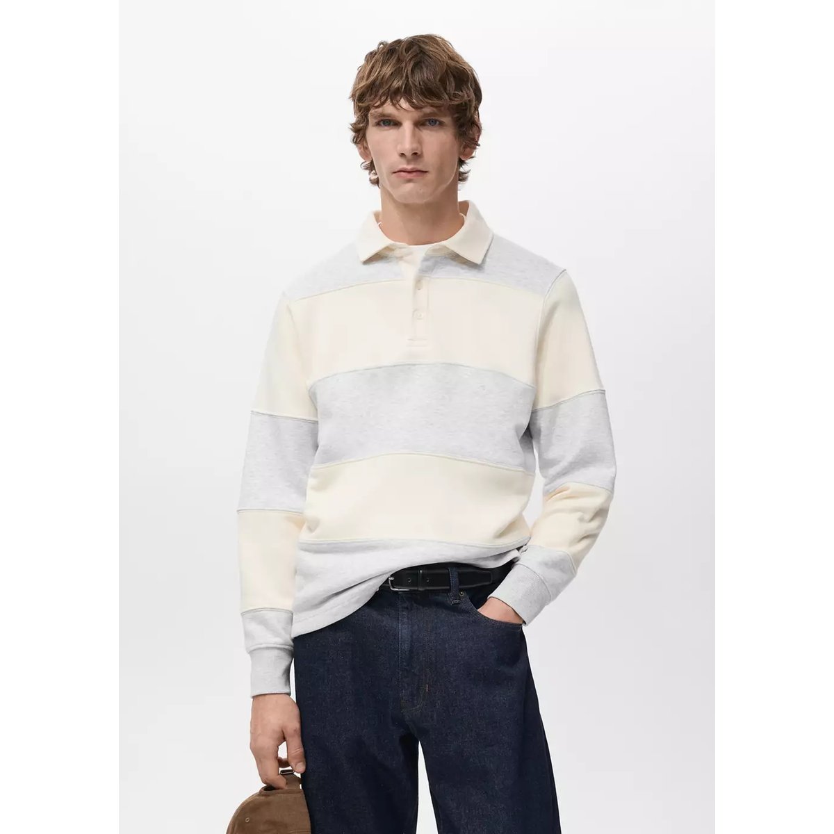 Sweat-shirt polo rayures gris chiné clair, MANGO MAN