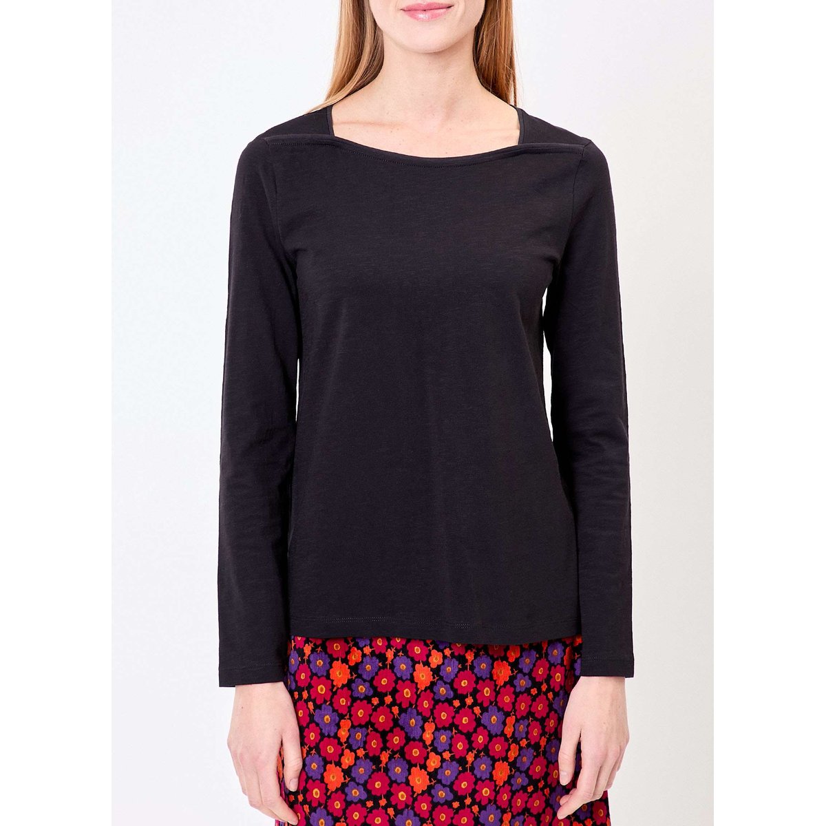 T-shirt uni coton bio col bateau GONDA noir, LA FIANCÉE