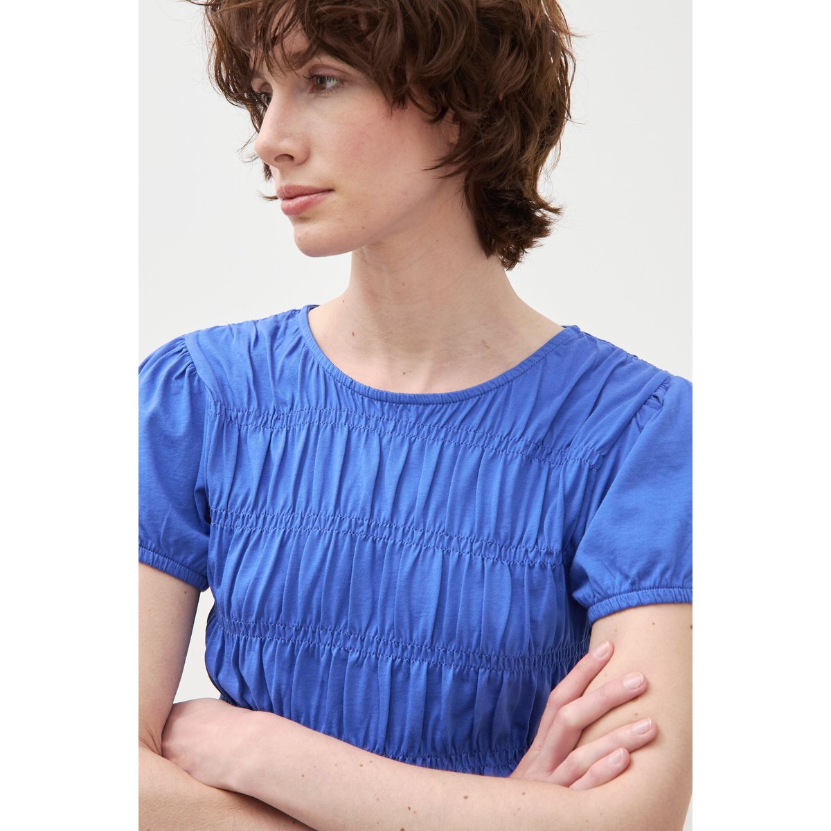 T-shirt froncé col rond manches courtes bleu electrique, BONOBO
