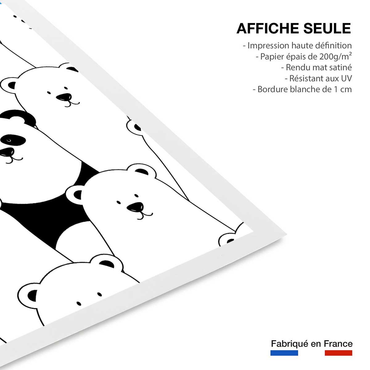 Affiche enfant ours blanc et panda noir affiche seule, HEXOA