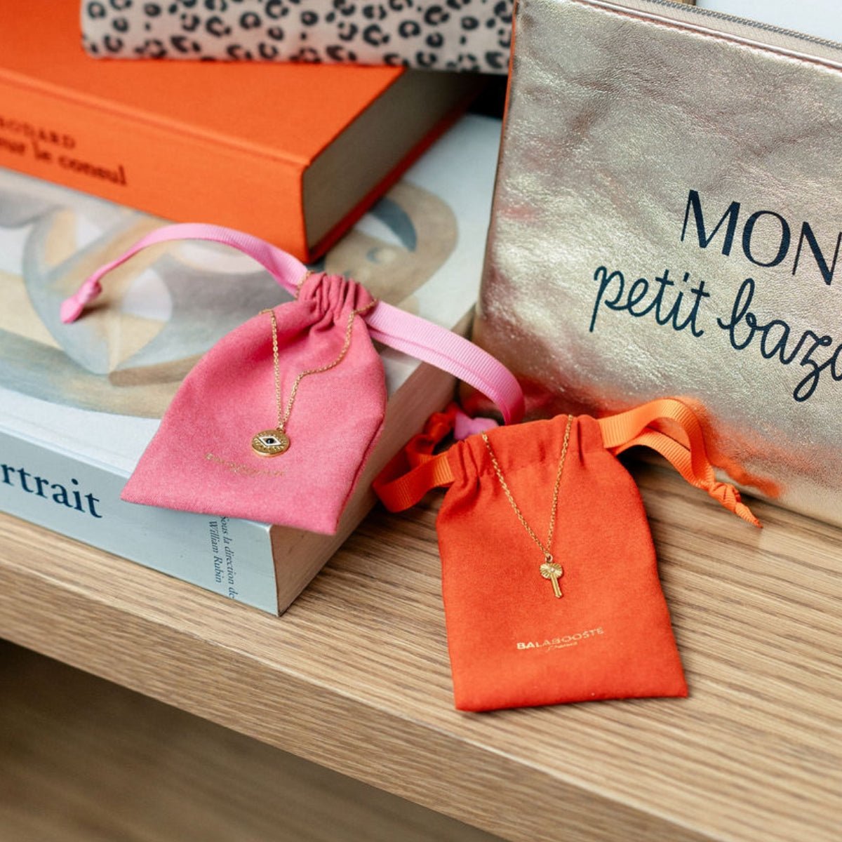 Collier pochon pendentif clé acier inoxydable doré, BALABOOSTE