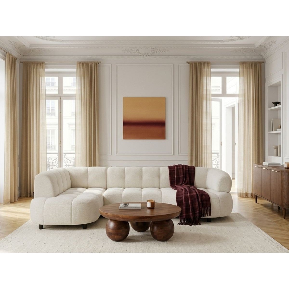 Canapé d'angle convertible 3 places en tissu lisse, LOVELY beige, BOBOCHIC