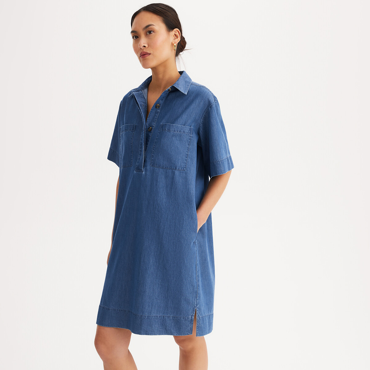 Robe droite, longueur genou, manches courtes, en denim light denim stone, ANNE WEYBURN