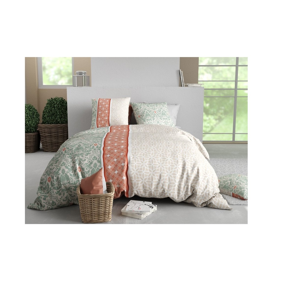 Housse couette + taie Arabesque beige rose vert, EDEN