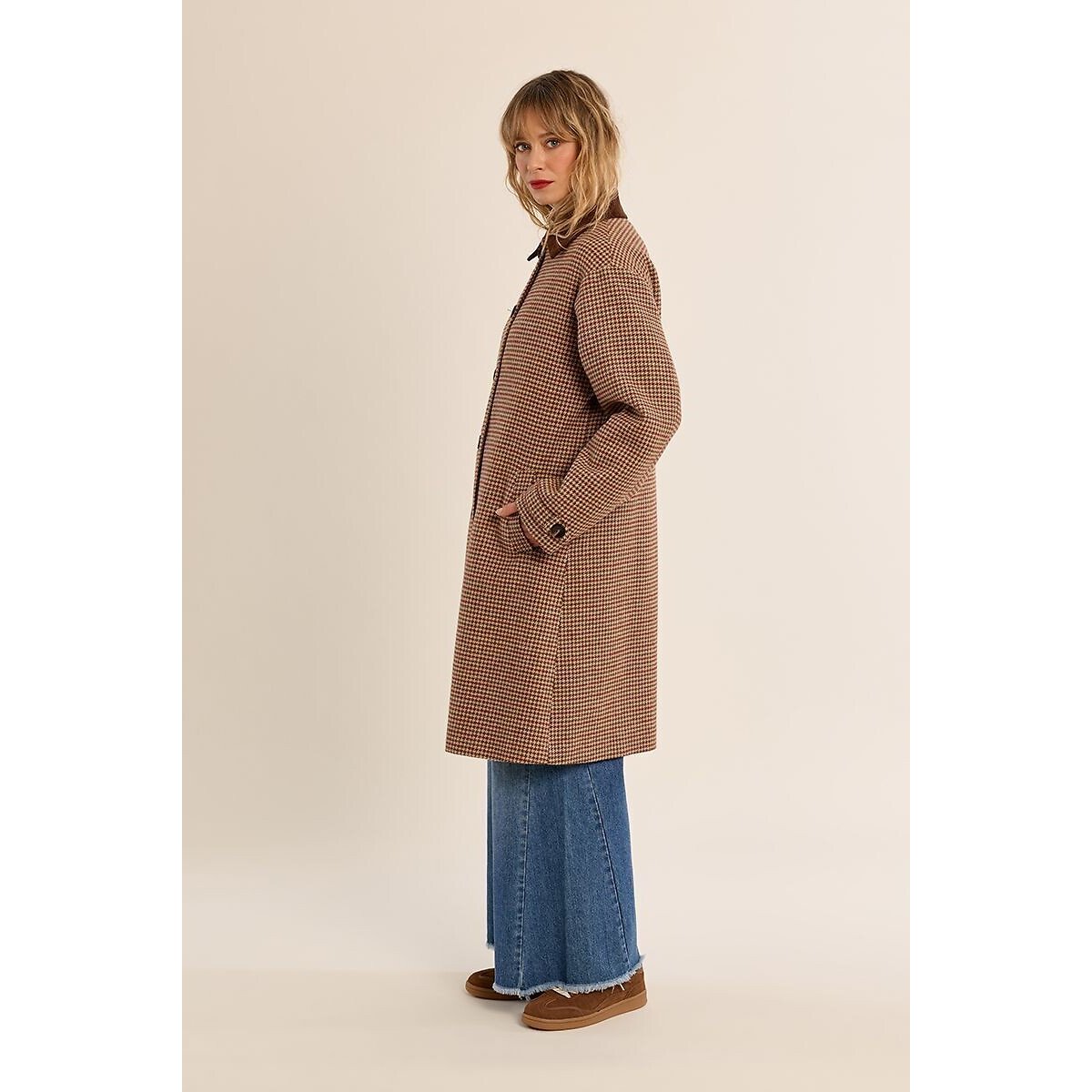 Manteau mi-long à carreaux, col chemise pied de poule, MOLLY BRACKEN