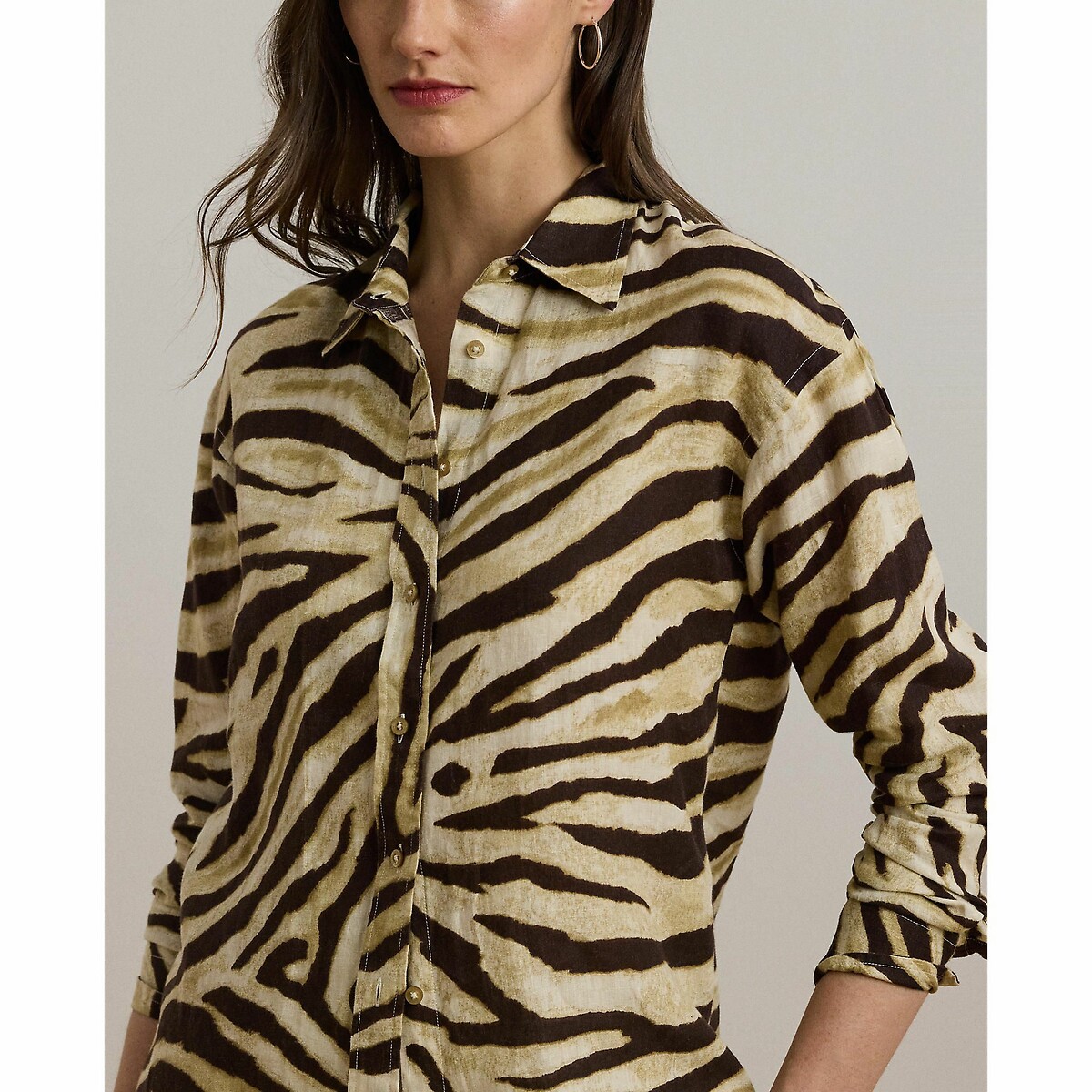 Chemise imprimée à manches longues, en lin beige/marron, LAUREN RALPH LAUREN