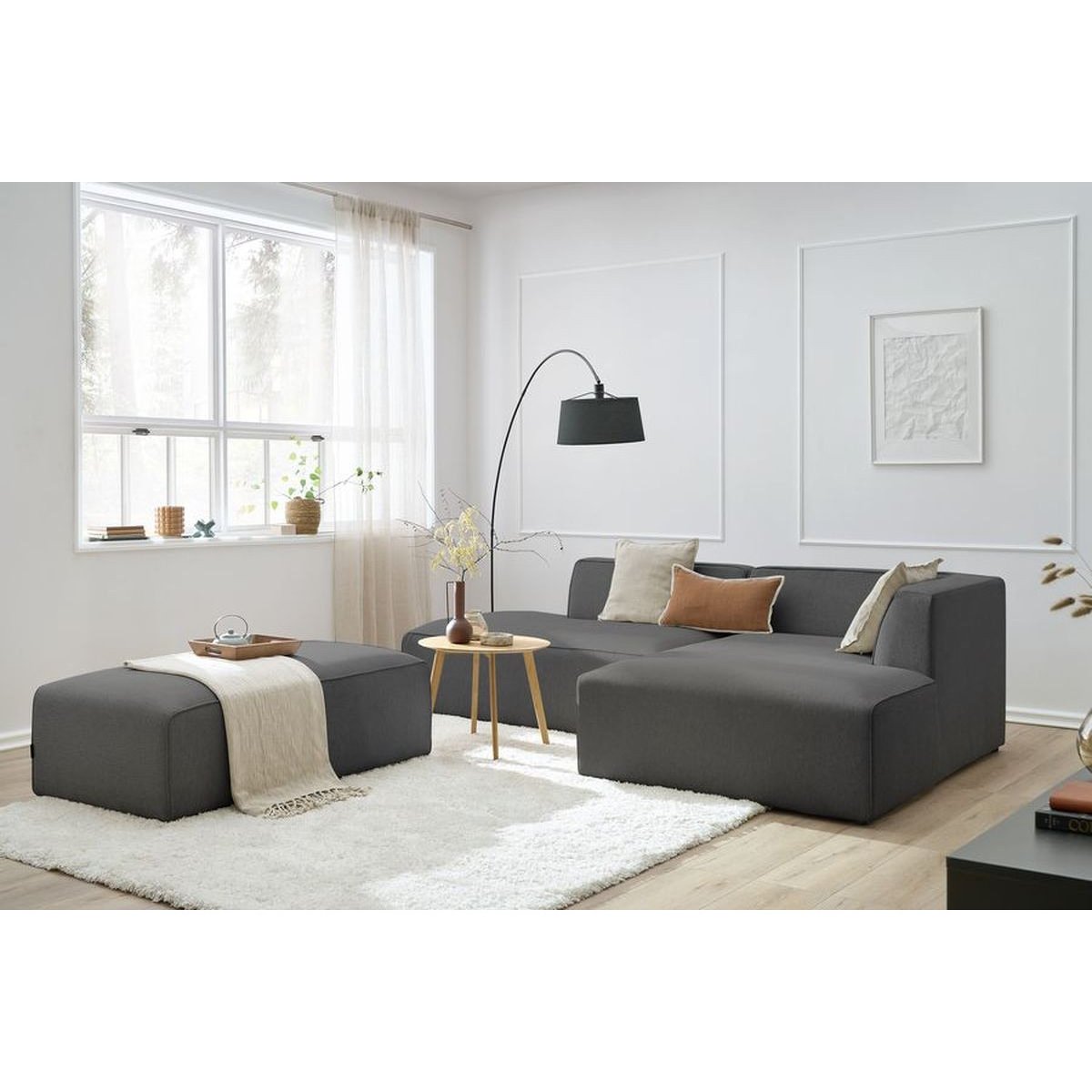 Canapé modulable 5 places en tissu chiné avec pouf, MEGEVE gris foncé, BOBOCHIC
