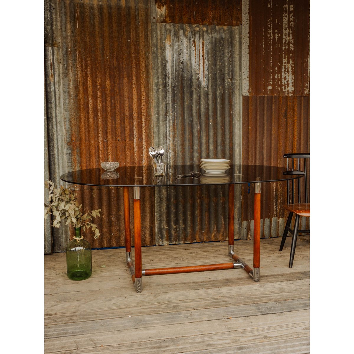 Table à manger en verre et bois Karla N°1299 - Bon état transparent, DEBONGOUT