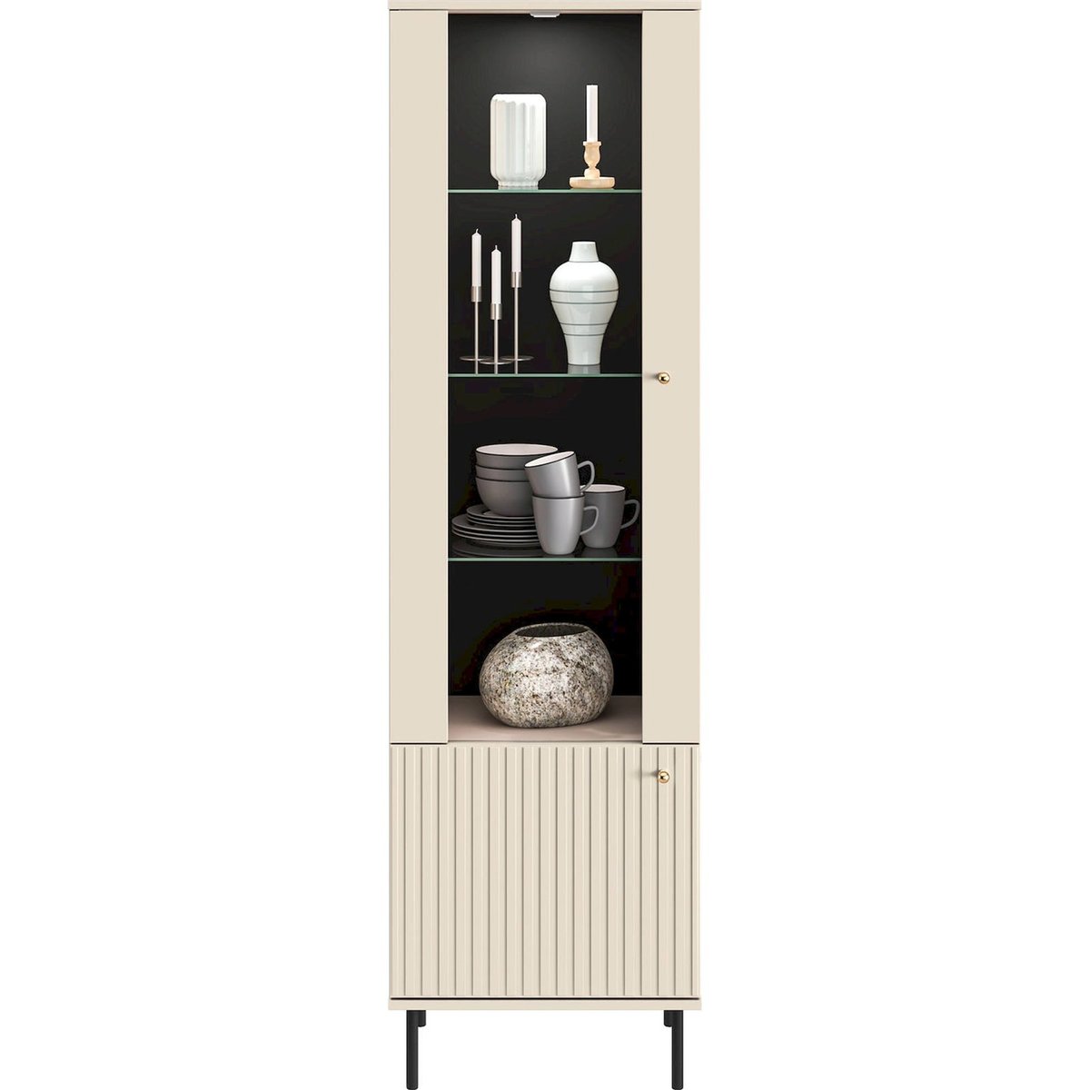Vitrine haute bois à porte rainurée CALETTO cashmere beige avec poignées dorées et pieds noirs, RECOLLECTION