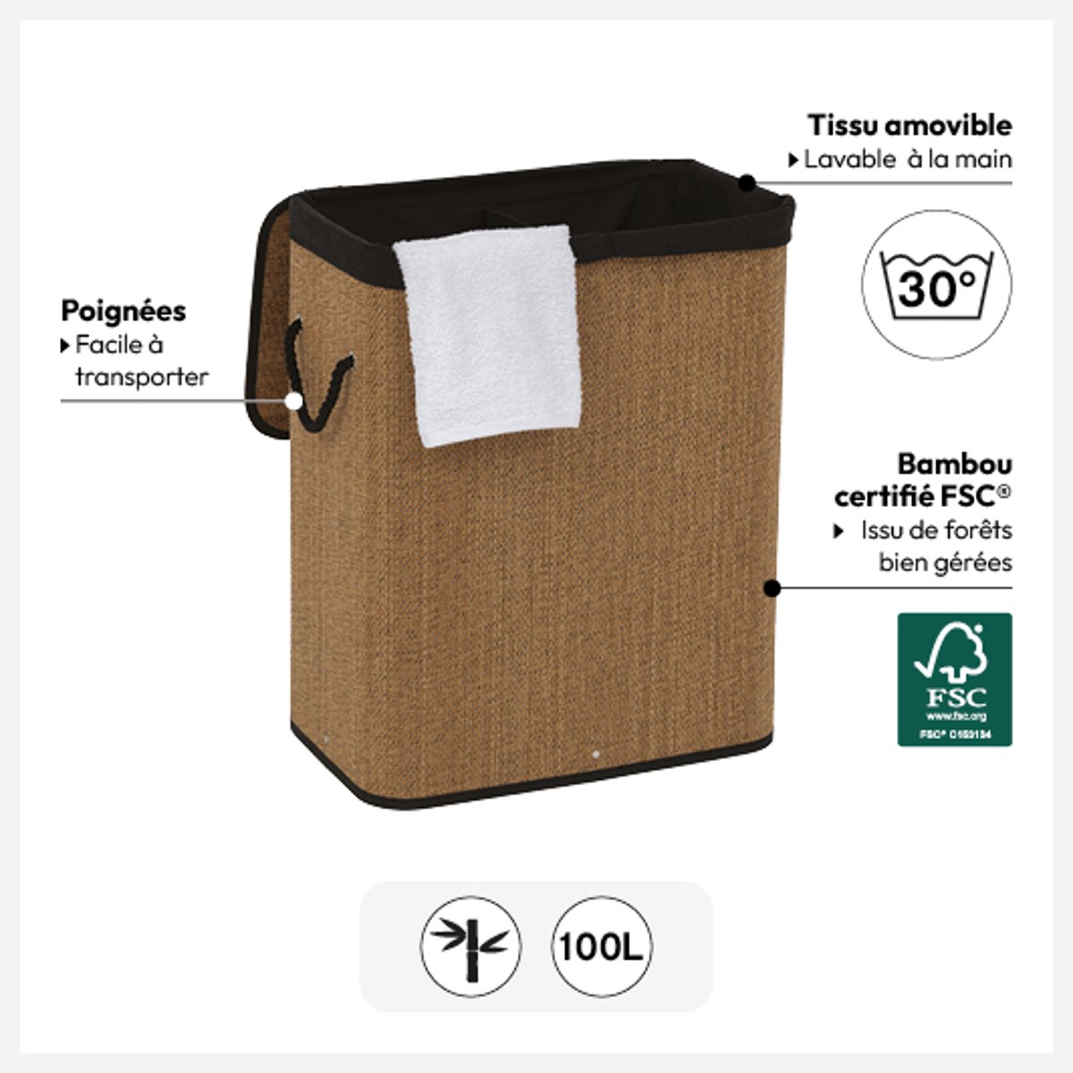 Panier à linge 100L STEMY marron, 5FIVE SIMPLY SMART
