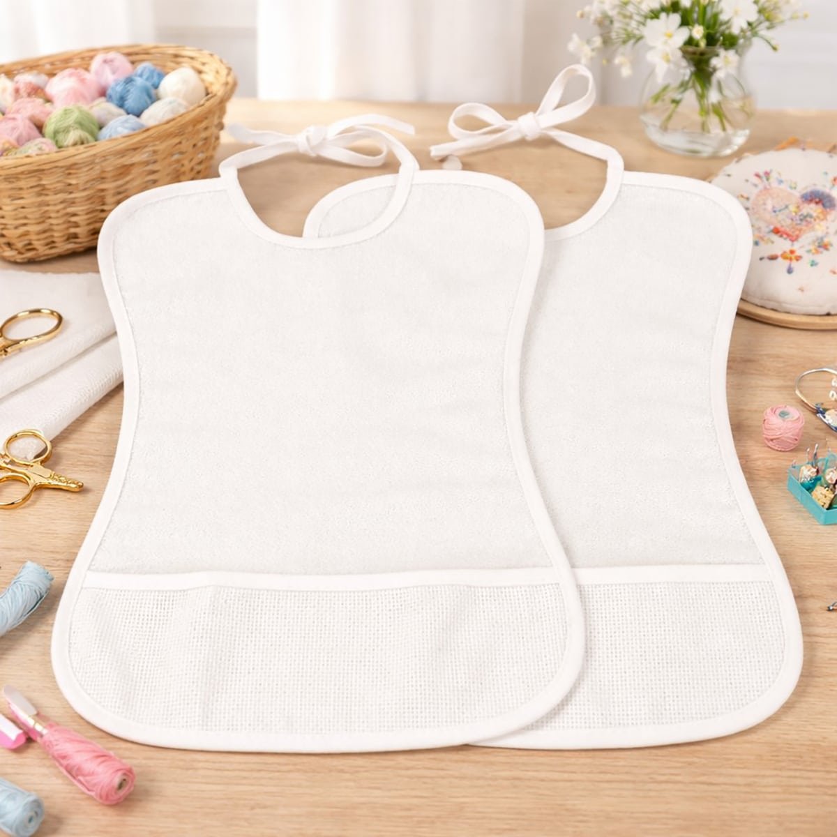 Lot de 2 bavoirs bébé imperméable point de croix BEBE blanc, LINANDELLE