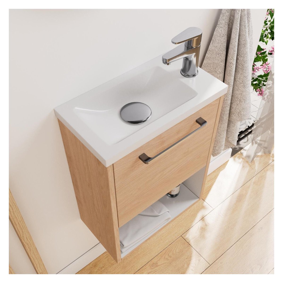 Ensemble meuble lave-mains + robinet NIKA chêne et blanc, MOB IN