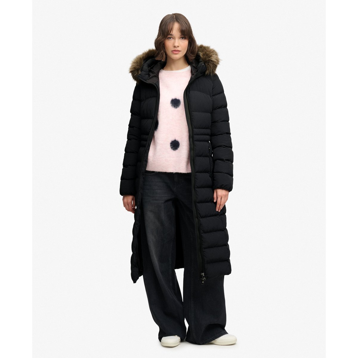 Veste Fuji Longue à Capuche en imitation Fourrure noir, SUPERDRY