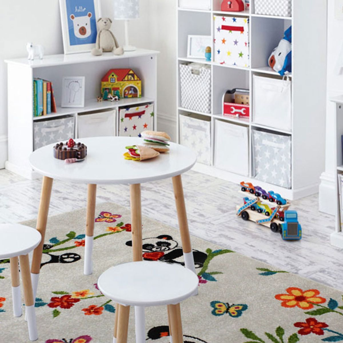 Tapis enfant toucher laineux imprimé pandas FUJI blanc, THE DECO FACTORY