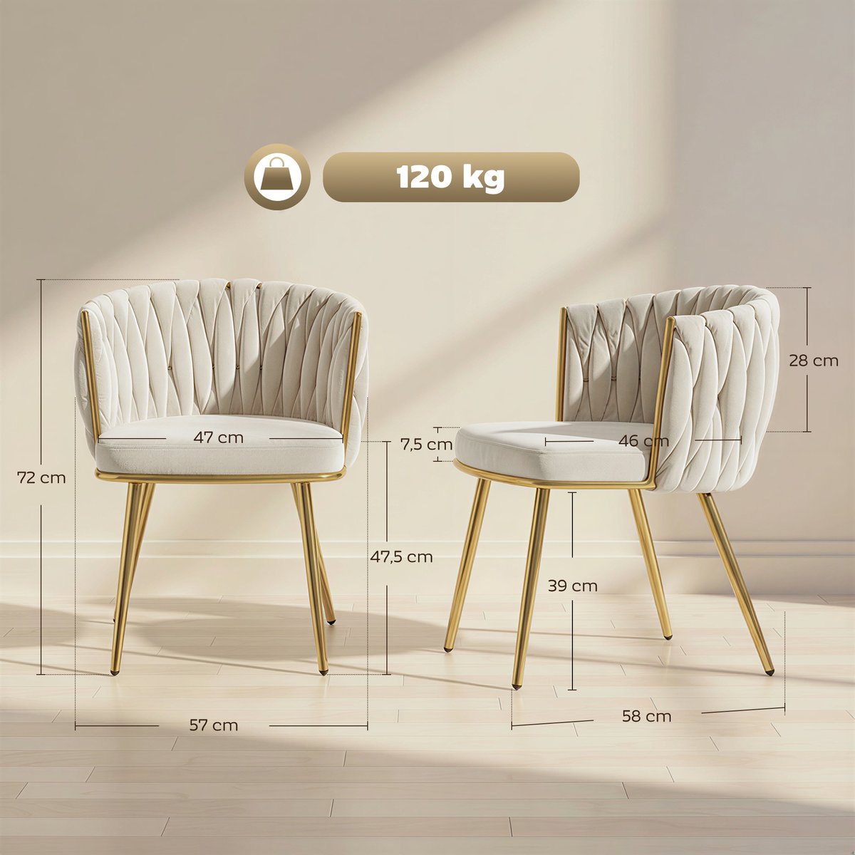 Chaise de salle à manger Velours (100% crème, HOMCOM